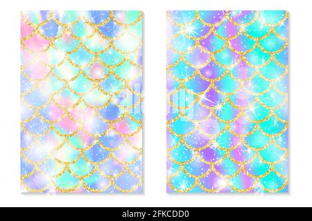 Satz von holographischen Regenbogen Hintergrund. Goldschuppen der Meerjungfrau. Hologrammdruck für Einladungskarte. Vektor. Stock Vektor
