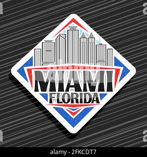 Vektor-Logo für Miami, weißes Rhombus-Straßenschild mit Umriss-Illustration der berühmten miami-Stadtlandschaft am Tag Himmel Hintergrund, dekorativer Kühlschrankmagnet wi Stock Vektor