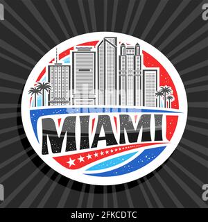 Vektor-Logo für Miami, weißer dekorativer Anhänger mit umreissender Abbildung der amerikanischen miami-Stadtlandschaft auf dem Hintergrund des Tageshimmels, Kunstdesign-Kühlschrank magne Stock Vektor