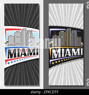 Vektor vertikale Vorlagen für Miami, dekorative Broschüren mit Illustration der amerikanischen miami Stadtlandschaft auf Tag und Abenddämmerung Himmel Hintergrund, Art Design tou Stock Vektor
