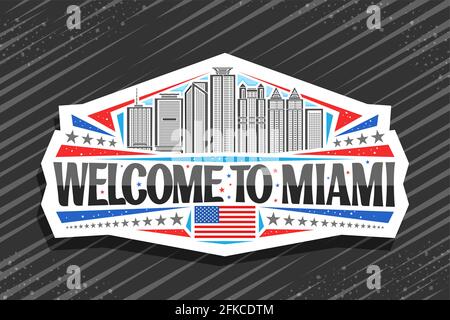 Vektor-Logo für Miami, weißer dekorativer Anhänger mit Umriss Illustration der miami Stadtlandschaft auf Tag Himmel Hintergrund, Kunst Design Tourist Kühlschrank Magnet mit Stock Vektor