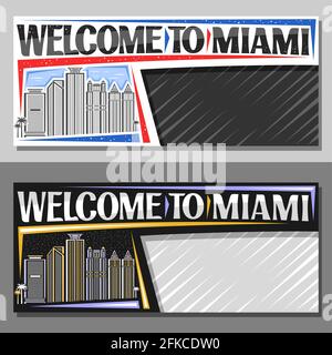 Vektor-Layouts für Miami mit Kopierfläche, dekorativer Gutschein mit umrissiger Darstellung der stadtlandschaft von miami am Tag- und Nachthimmel, Art de Stock Vektor