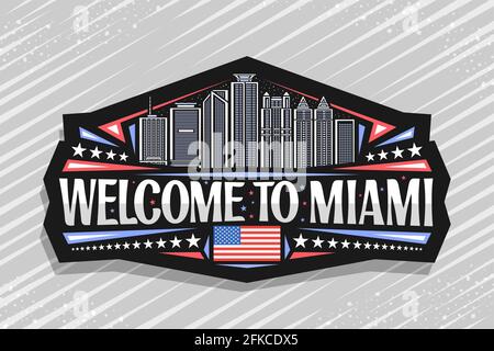 Vektor-Logo für Miami, schwarzer dekorativer Aufkleber mit umreissender Abbildung der stadtlandschaft von miami auf dem Hintergrund des Abendhimmels, Kunstdesign-Touristenkühlschrank-Magnet Stock Vektor