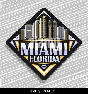 Vektor-Logo für Miami, schwarzes Rhombus-Straßenschild mit Umriss-Illustration der berühmten miami-Stadtlandschaft auf Abendhimmel-Hintergrund, dekorativer Kühlschrankmagnet w Stock Vektor