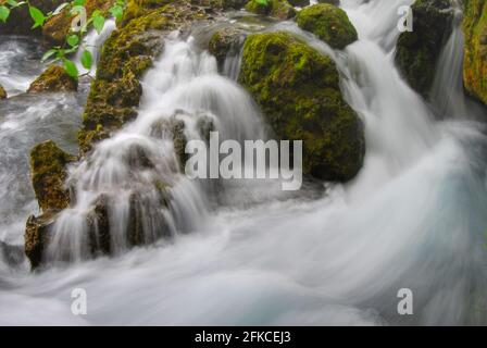 Fluss Sorgue mit Felsbrocken in Fontaine-de-Vaucluse Stockfoto