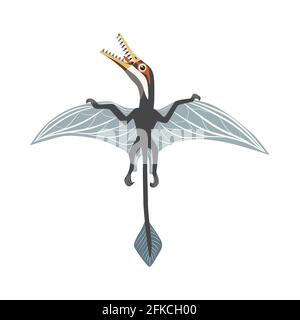 Flying Ramforkhin, prähistorische Dinosaurier Sammlung. Uralte Tiere. Von Hand gezeichnet. In einem Rahmen aus Blumen und Blättern. Stock Vektor