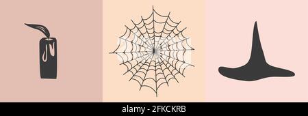 Sammlung mystischer und geheimnisvoller Illustrationen im handgezeichneten Stil. Schädel, Tiere, Weltraumobjekte, Zauberkugel, Kristalle, Hände. Stock Vektor