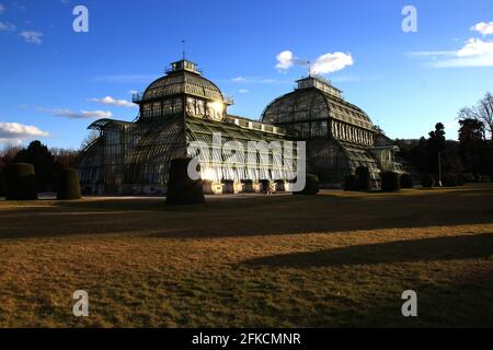 Letzte Sonnenstrahlen auf den Glasdächern des Palmenhauses im Schönbrunn Park, Wien, Österreich Stockfoto