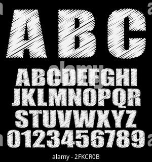 Vektorgrafiken mit Schattierung. Alphabetische Vektorschriftart. Geben Sie Buchstaben und Zahlen ein. Illustration von Kreide skizzierte Zeichen. Vorlage für Ihr Design Stock Vektor