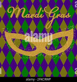 Mardi Gras Hintergrund mit goldenen fetten dienstag Maske. Grußkarte mit glänzenden Perlen auf traditionellen Farben Hintergrund Vorlage für Ihr Design Stock Vektor