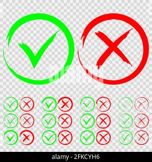 Satz von grünen Häkchen OK und roten X-Symbolen auf transparentem Hintergrund isoliert. Kreuzen Sie die Zeichen an. Ja und Nein Symbole Vorlage für Ihr Design Stock Vektor