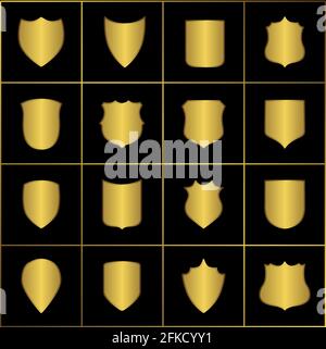 Set aus goldenen Wappschilden. Retro-Stil Ränder, Rahmen, Etiketten Vorlage für Ihr Design Stock Vektor