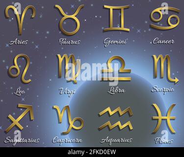 Set von Tierkreis-Symbole, Gold-Symbole mit Schatten auf dem Himmel Vorlage für Ihr Design Stock Vektor