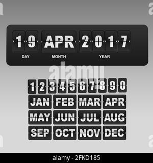 Flip Countdown digitalen Kalender Uhr Zahlen und Buchstaben. vektor-Alphabet, Schriftart, Flughafen Bord Ankunft Symbole. Vorlage für Ihr Design Stock Vektor