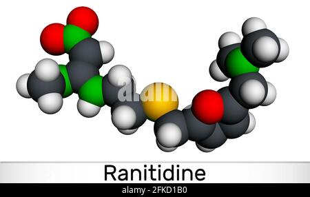 Ranitidin-Molekül. Es wird zur Behandlung von Magengeschwüren verwendet. Molekularmodell. 3D-Rendering. Abbildung Stockfoto