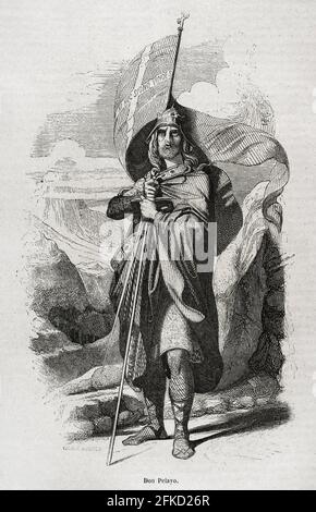 Pelagius von Asturien (c. 685-737). Visigother Adliger, Anführer der asturischen Rebellion (718-737) gegen die muslimische Macht und Sieger in der Schlacht von Covadonga. Erster Monarch des Königreichs Asturien. Gravur nach einer Kopie von Madrazo. Historia General de España von Pater Mariana. Madrid, 1852. Stockfoto