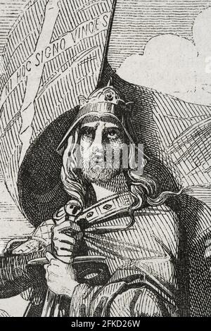 Pelagius von Asturien (c. 685-737). Visigother Adliger, Anführer der asturischen Rebellion (718-737) gegen die muslimische Macht und Sieger in der Schlacht von Covadonga. Erster Monarch des Königreichs Asturien. Gravur nach einer Kopie von Madrazo. Details. Historia General de España von Pater Mariana. Madrid, 1852. Stockfoto