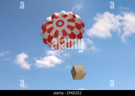 Karton, der mit dem Fallschirm auf einem blauen Himmel absteigt. Versandkonzept. 3d-Illustration. Stockfoto