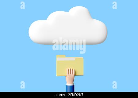 Cartoon Hand hält einen Ordner mit Dateien unter einer Wolke isoliert auf blauem Hintergrund. 3d-Illustration. Stockfoto