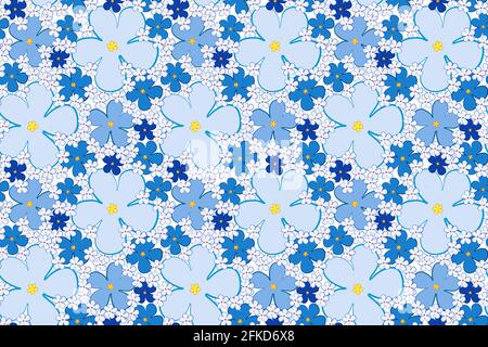 Blaues „Forget Me Not“-Nahtloses Muster. Vektor floralen Hintergrund für Tapete, Geschenkpapier, Cover. Frühling schöne handgezeichnete blühende Textur. Stock Vektor