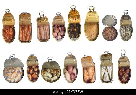 Große Gruppe von Fischdosen Stockfoto