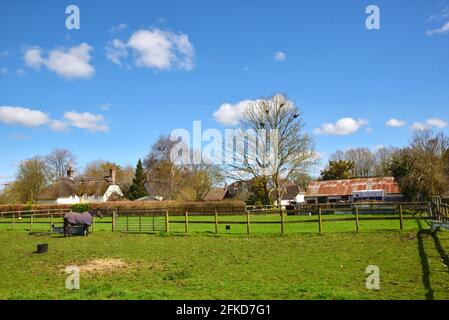 Landwirtschaftliche Gebäude und moderne und traditionelle Wohnungen in dem Dorf Tarrant Monkton, Dorset Stockfoto