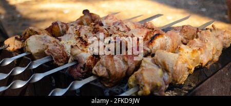 Shashlik oder Shish Kebab Vorbereitung auf Grill über heiße Holzkohle. Gegrilltes Schweinefleisch auf Metallspießen. Stockfoto