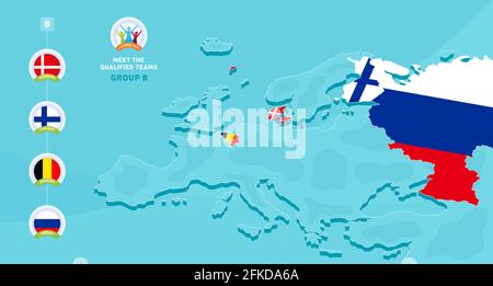 Fußball-Europameisterschaft der Gruppe B 2020 Vektor-Illustration mit A Karte von Europa und hervorgehobene Länder kennzeichnen, die für qualifiziert sind Letzte Phase und Stock Vektor