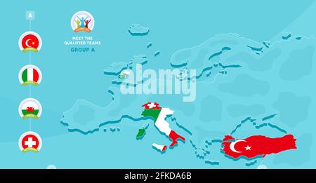 Gruppe A Fußball-Europameisterschaft 2020 Vektor-Illustration mit einem Karte von Europa und hervorgehobene Länder kennzeichnen, die für qualifiziert sind Letzte Phase und Stock Vektor