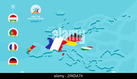 Gruppe F Fußball-Europameisterschaft 2020 Vektor-Illustration mit einem Karte von Europa und hervorgehobene Länder kennzeichnen, die für qualifiziert sind Letzte Phase und Stock Vektor