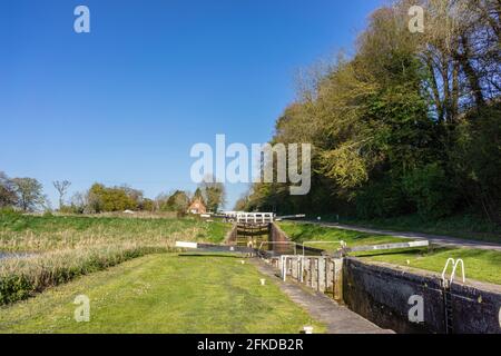 Caen Hill Locks - ein Schleusenflug in der Nähe von Devizes entlang des Kennet & Avon Canal in Wiltshire im Frühjahr 2021, England, Großbritannien Stockfoto