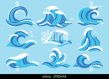 Meereswellen blau gesetzt. Ocean Water Wave handgezeichnetes Aqua Design Element. Skizze marine Symbol, Surfen lineare Dekoration. Lockige Wellen und Spiralen, Schaumstoff auf Kamm Splash und Drop Cartoon Vektorgrafik Stock Vektor