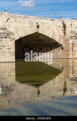 Spiegelungen einer alten Steinbrücke über das alte Flussbett. Puente del Mar, Fluss Turia, Valencia, Spanien Stockfoto