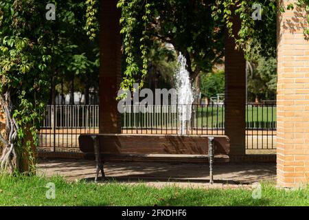 Brunnen, Bank und Kletterpflanze in einem schönen grünen Stadtpark. Valencia, Spanien Stockfoto