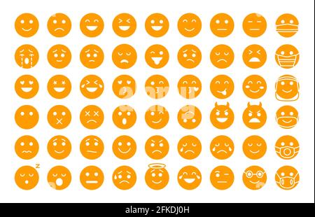 Emoji-Gesicht gelbe Silhouette Symbole gesetzt. Verschiedene Art Emoticon Smile Vorlage Sammlung. Stimmungs- oder Gesichtsemotionszeichen. Gesichter, die lachen, wütend sind. Emoticons in der maskenisolierten Vektordarstellung Stock Vektor