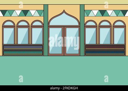 Im Inneren der Moschee mit einem Bücherregal im Hintergrund. Vektorgrafik. Kinderbuch. Stock Vektor