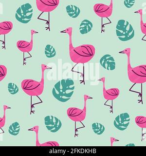 Tropisches nahtloses Muster mit handgezeichneter rosa Flamingo und Monstera-Blatt auf hellgrünem Hintergrund. Flache digitale Vektorgrafik Stock Vektor