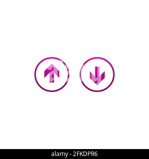 Lila Pfeile nach oben und unten in Kreisen mit Schatten. Flache Symbol isoliert auf weiß. Point-Down-Taste. südschild. Upload-Symbol. Upgrade, Download, Freigabe Stock Vektor