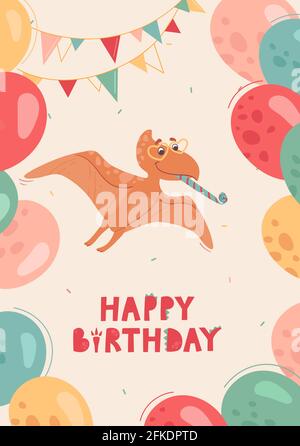 Geburtstagskarte für Babys. Ein süßes pteranodon fliegt mit einer Pfeife und in Sonnenbrillen-Herzen. Dino-Feier, Spaß, Luftballons und Ammer. Lustige Vektorkarte für Kinder, beige Hintergrund Stock Vektor
