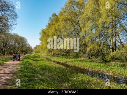 Spaziergänger genießen einen Spaziergang entlang der stillstehenden schottischen Kanäle im Besitz von Monkland Kanal zwischen Airdrie und Calderbank in North Lanarkshire Scotlanld, Großbritannien Stockfoto