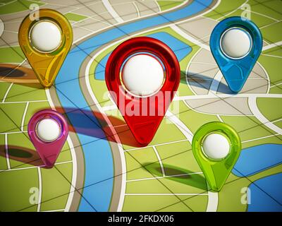 Stadtplan mit farbigen GPS-Markierungen. 3D-Illustration. Stockfoto