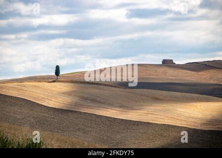 In Asciano - - Italien - am 2020. august - Landschaft des Val d'Orcia im Sommer, Toskana Stockfoto