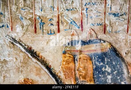 Kairo, Ägyptisches Museum, Relief von Merya und Sitti, gefunden in Saqqara, datiert aus dem neuen Königreich: Berühmt für die Musiker. Frau spielt Lyra. Stockfoto