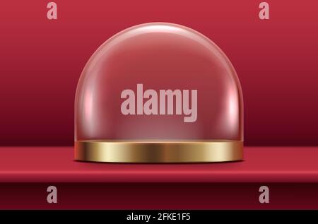 3d realistischer Vektor-Glasglobus-Ständer mit Goldplatte auf rotem samtigen Hintergrund. Stock Vektor