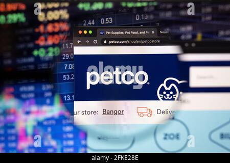 Petco-Firmenlogo auf einer Website mit verschwommenen Börsenentwicklungen im Hintergrund, die auf einem Computerbildschirm durch eine Lupe gesehen werden Stockfoto