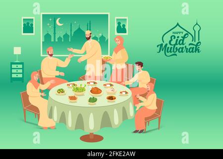 Glückliche eid mubarak Grußkarte. muslimische Familie, die während Eid Mubarak im Speisesaal zu Hause zusammen zu Abend gegessen hat Stock Vektor