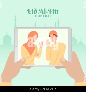 Happy eid al Fitr Grußkarte. Feiern und begrüßen sie eid al fitr mubarak während der Pandemie von Covid-19 mit einem Videoanruf Stock Vektor