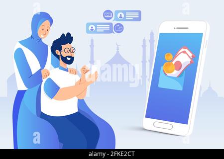 Mann, der während der Covid-19-Pandemie Eid Mubarak-Boni über die Online-Banking-Anwendung übergibt. Eid Mubarak Boni ist Urlaubsgeld in Eid muba Stock Vektor