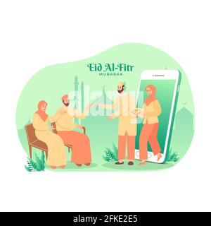 Happy eid al Fitr Grußkarte. das muslimische Paar segnet Eid mubarak während der Covid-19-Pandemie über Smartphone-Bildschirme an die Eltern Stock Vektor
