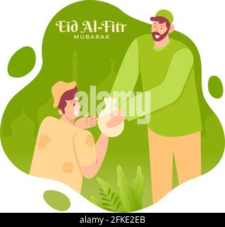 Happy eid al Fitr Grußkarte. Illustration von muslim Almosen geben oder zahlen Zakat vor eid mubarak isoliert auf weißem Hintergrund Stock Vektor